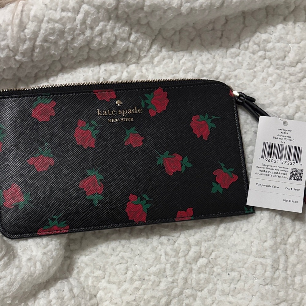 kate spade Black Zip Wallet with Red Rose Print